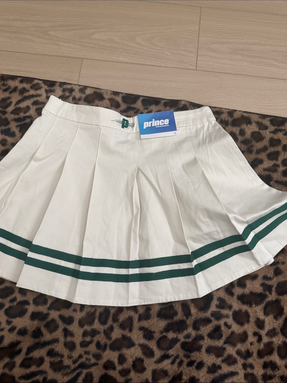 Prince White Pleated Skater Skirt with Green Stripe Trim